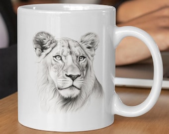 Regal Lioness Ceramic Mug 11oz / Elegant Line Drawing / Gift for Animal Lover / Coffee Tea Chocolate / Big Cats