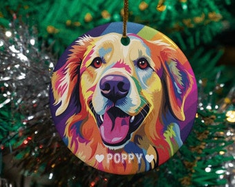Personalized Golden Retriever Ornament / Ceramic Christmas Tree Decoration / Customizable Dog's Name