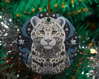 Snow Leopard Ornament / Ceramic Circle / Gifts for Animal Lovers / Big Cats / Folk Art Style