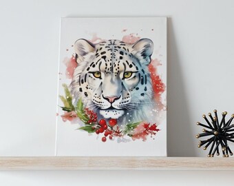 Holiday Snow Leopard Canvas Gallery Wrap / One Size 8"x10" / Holiday Home Decor / Office Dorm Room Decor