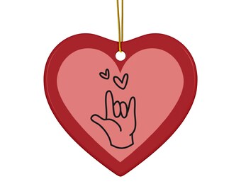 ASL I Love You Heart Ornament | Red Ceramic | Christmas Gift | Sign Language