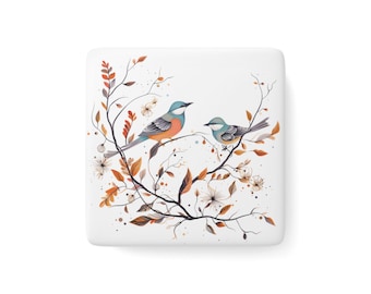 Birds on a Branch Porcelain Magnet | Square | Elegant Nature Art | Bird Lover Gift