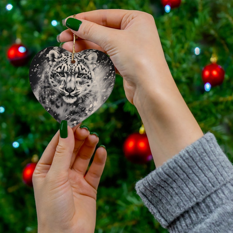 Ceramic Ornament Snow Leopard in a Blizzard Charcoal Sketch / Heart Circle / Holiday Christmas Tree Ornament / Animal Lover image 8