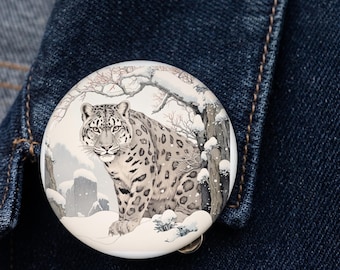 Ukiyo-e Snow Leopard Pin Button | Japanese Art Style | Big Cat Backpack Pin