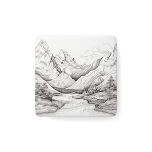 Mountain and Stream Square Porcelain Magnet / Nature Lover Gift