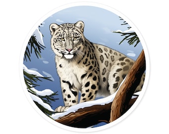 Snow Leopard Sticker | Round Vinyl | Animal Lover Gift | Wildlife Art | Water Bottle Laptop