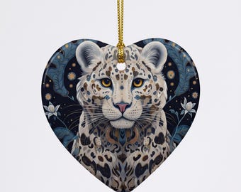 ornement coeur léopard des neiges | Céramique | Souvenir des grands félins | Cadeau animalier