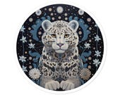 Folk Art Style Snow Leopard, Round Sticker, Indoor\Outdoor, Unique Gift, Animal Lover Sticker, Nature Inspired Decal, Wildlife Lover Gift