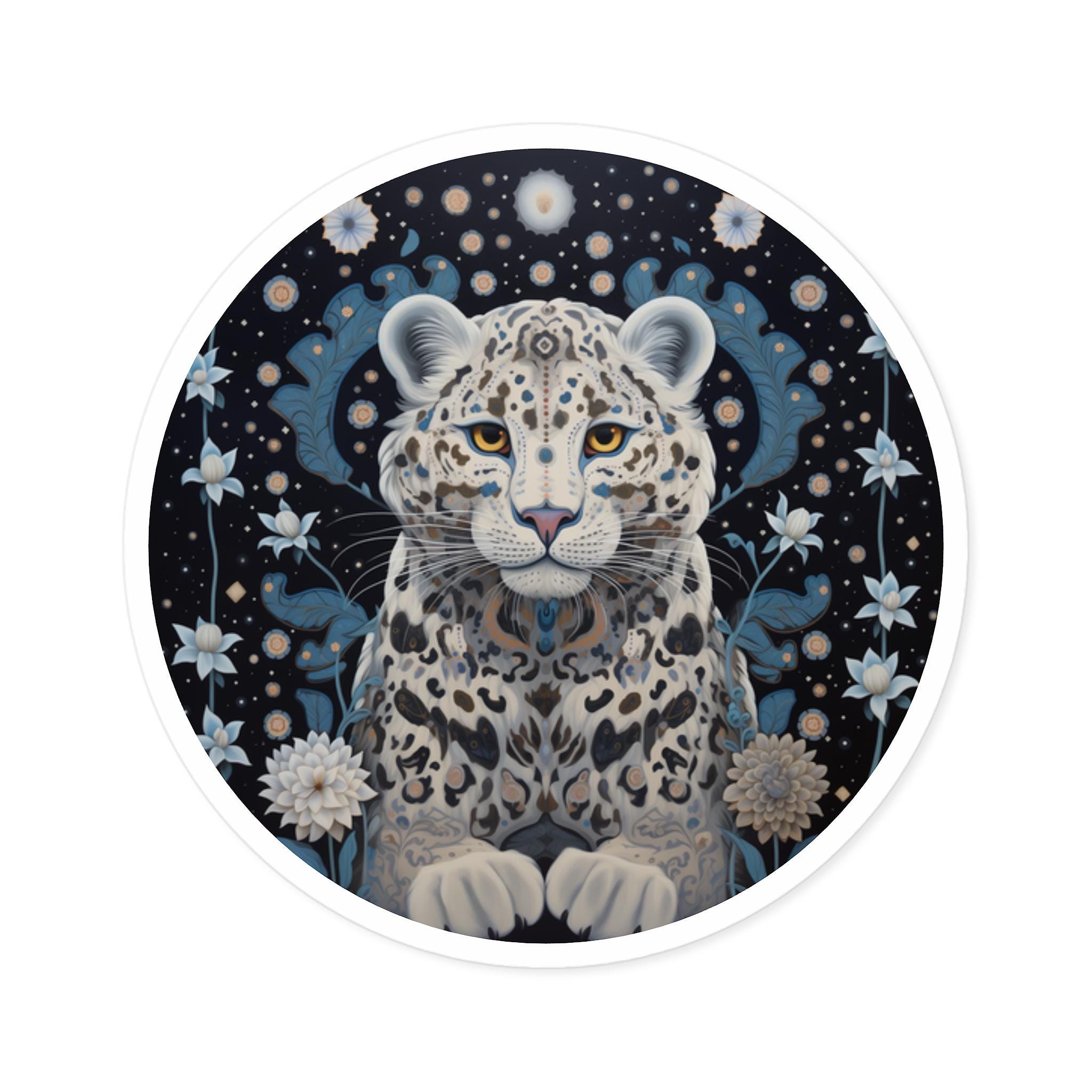 Folk Art Style Snow Leopard, Round Sticker, Indoor\Outdoor, Unique Gift, Animal Lover Sticker, Nature Inspired Decal, Wildlife Lover Gift