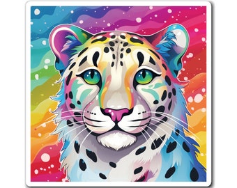 Rainbow Snow Leopard Magnet / Square Fridge Magnet / Home or Dorm Decor / Gift for Animal Lover