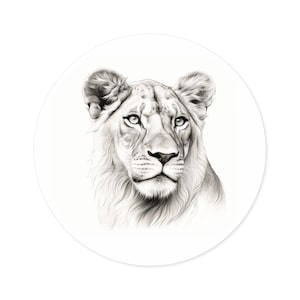 Regal Lioness Round Sticker / Elegant Line Drawing / Indoor Outdoor Vinyl / Gift for Animal Lover / Water Bottle Laptop Skateboard