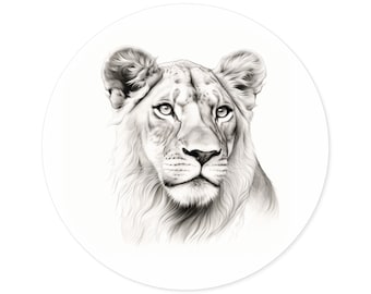 Regal Lioness Round Sticker / Elegant Line Drawing / Indoor Outdoor Vinyl / Gift for Animal Lover / Water Bottle Laptop Skateboard