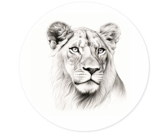 Regal Lioness Round Sticker | Elegant Line Drawing | Water Bottle Laptop