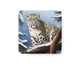 Aimant léopard des neiges / Aimant carré en porcelaine pour réfrigérateur / Cadeau pour amoureux des animaux / Décoration d'intérieur