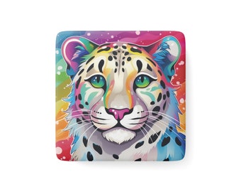 Rainbow Snow Leopard Porcelain Magnet / Square Fridge Magnet / Gift for Animal Lover / Home Decor