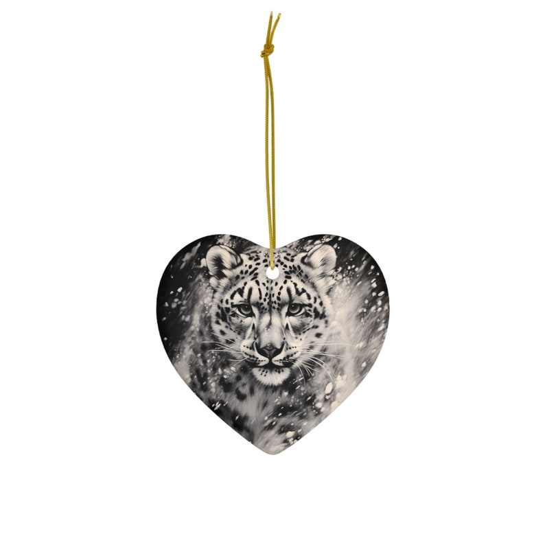 Ceramic Ornament Snow Leopard in a Blizzard Charcoal Sketch / Heart Circle / Holiday Christmas Tree Ornament / Animal Lover image 7