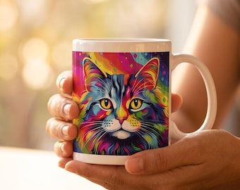 Rainbow Cat Ceramic Mug | 11oz Cat Lover Gift | Cat Mom Coffee Mug | Colorful Kitten Cup