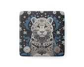 Folk Art Snow Leopard Porcelain Magnet, Square, Wildlife Animal Lover Gift, Fridge Decor, Kitchen Decor, Cute