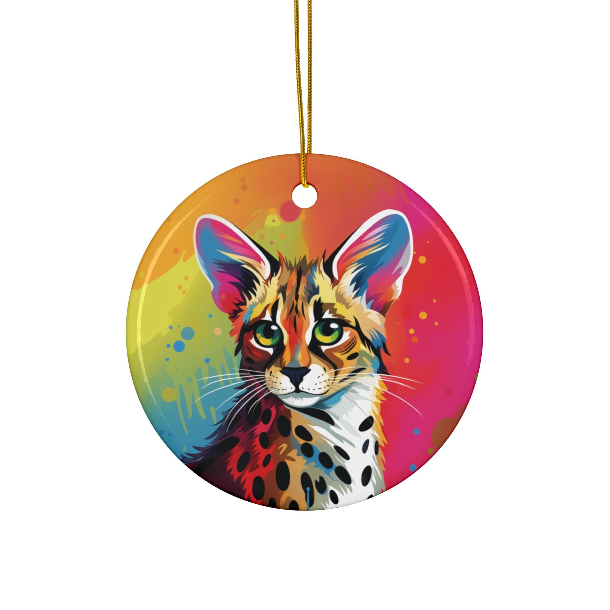 Ceramic Ornament, Serval Cat Rainbow Christmas Tree Decoration Gift, Holiday Ornament, Wildlife Animal Lover Decor, Colorful Hanging Home