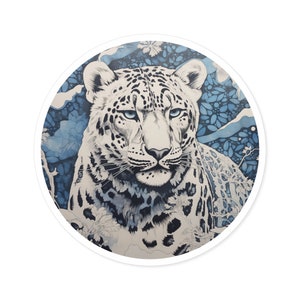 Snow Leopard Sticker / Round Vinyl Indoor Outdoor / Gifts for Animal Lovers / Big Cats / Block Print Art image 7