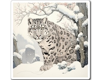 Snow Leopard Ukiyo-e Magnet | Square | Japanese Art | Big Cat Gift for Animal Lover