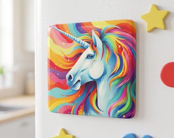 Imán de porcelana de unicornio arcoíris / Cuadrado / Criatura mágica / Regalo para la nevera