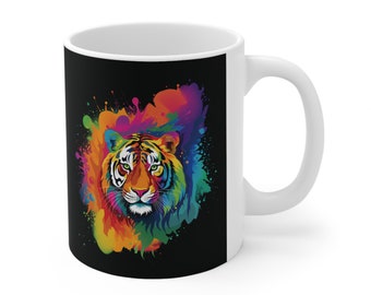 Rainbow Tiger Ceramic Mug 11oz / Gift for Animal Lover / Big Cats / Coffee Tea Cocoa Mug