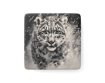 Snow Leopard Magnet / Snow Leopard in a Blizzard Charcoal Drawing / Square Porcelain / Gift for Animal Lover / Big Cats
