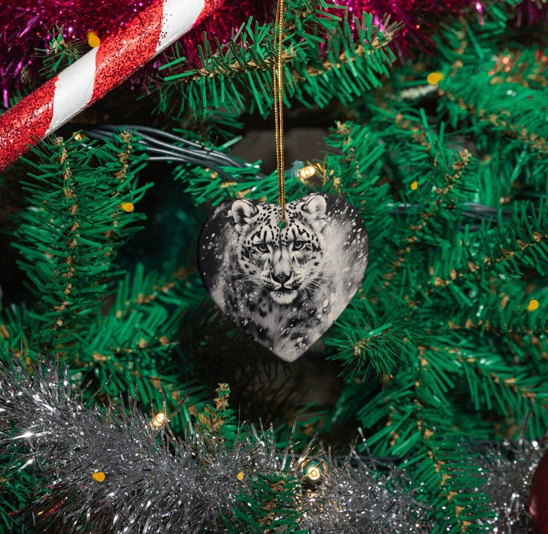 Ceramic Ornament Snow Leopard in a Blizzard Charcoal Sketch / Heart Circle / Holiday Christmas Tree Ornament / Animal Lover image 1