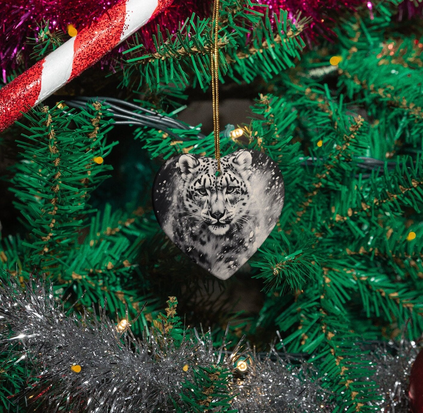 Ceramic Ornament Snow Leopard in a Blizzard Charcoal Sketch