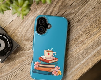 Cozy Coffee and Books iPhone Case | MagSafe | Blue | Gift for Book Lover
