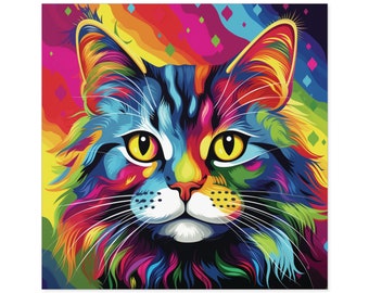Rainbow Cat Square Stickers / Vinyl Indoor Outdoor / Gift for Cat Lover / For Water Bottle, Laptop, Skateboard