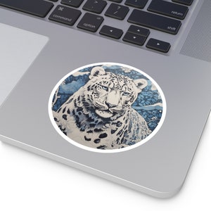 Snow Leopard Sticker / Round Vinyl Indoor Outdoor / Gifts for Animal Lovers / Big Cats / Block Print Art image 2