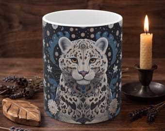 Snow Leopard Mug | Folk Art Style | Big Cat Coffee Tea Gift