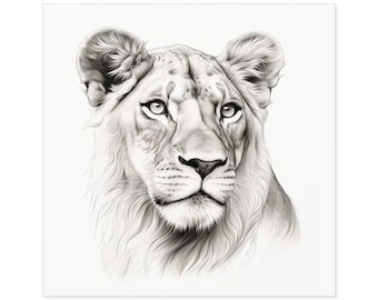 Regal Lioness Square Vinyl Sticker | Line Drawing | Big Cat Art | Sizes 2–5"