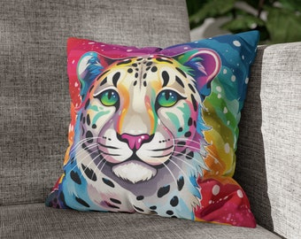 Rainbow Snow Leopard Square Pillow Case / Spun Polyester 14"x14" / Gift for Animal Lover