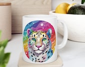Rainbow Snow Leopard Mug, Colorful Animal Print Coffee Cup, 11oz 15oz Ceramic Tea Mug, Kitchen Home Decor, Gift for Leopard Lovers, Unique
