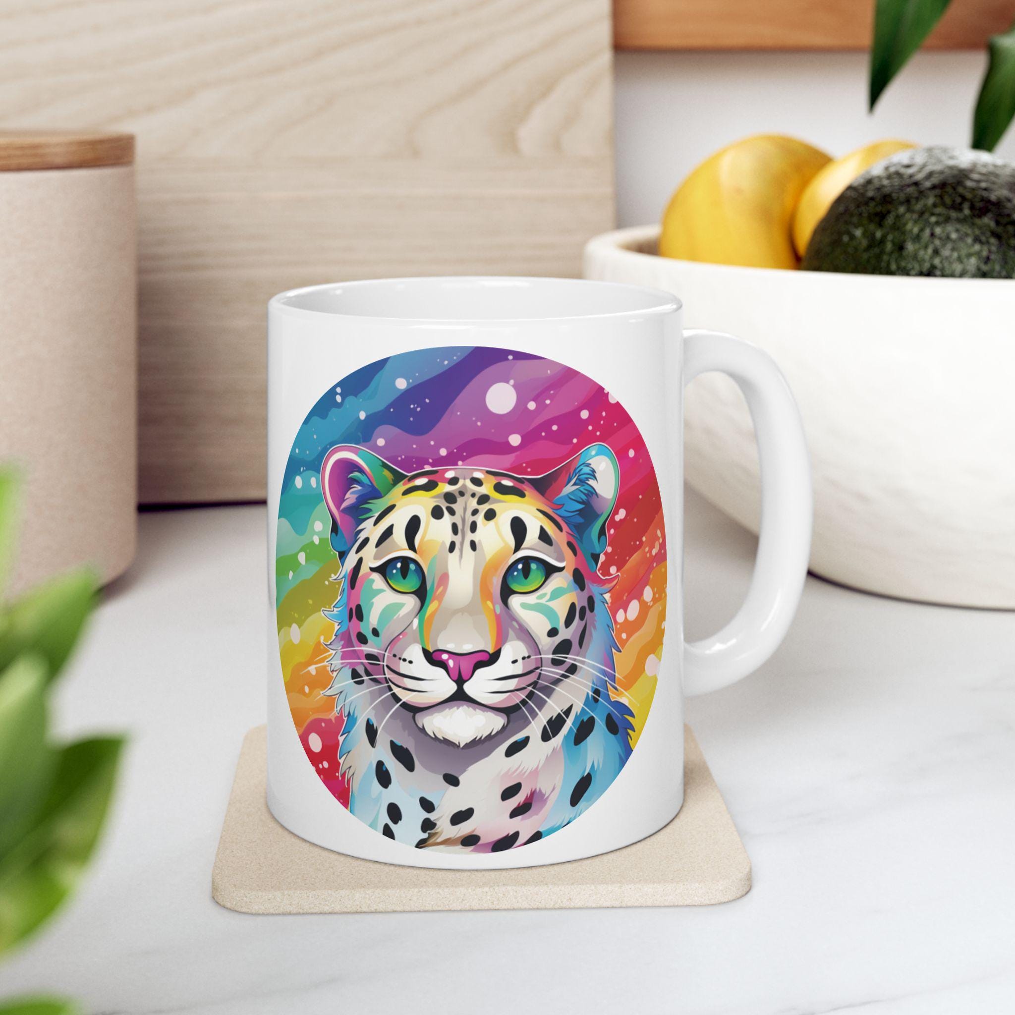 Rainbow Snow Leopard Mug, Colorful Animal Print Coffee Cup, 11oz 15oz Ceramic Tea Mug, Kitchen Home Decor, Gift for Leopard Lovers, Unique