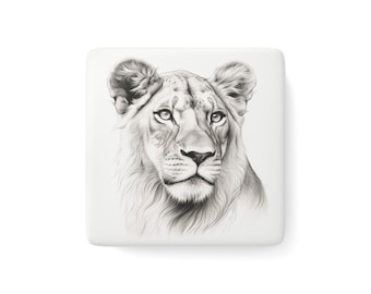 Regal Lioness Magnet / Porcelain Square/ Elegant Line Drawing / Gift for Animal Lover / Big Cats / Fridge Magnet