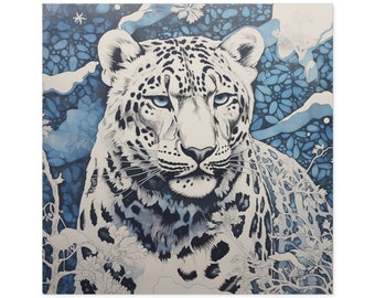 Snow Leopard Sticker / Square Vinyl Indoor Outdoor / Gifts for Animal Lovers / Big Cats / Block Print Art