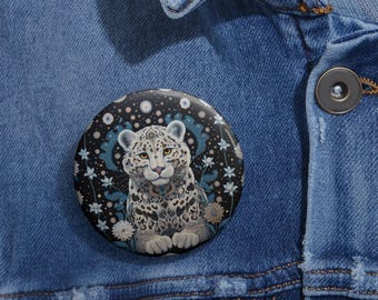 Folk Art Snow Leopard Pin Button | Lapel Pin | Backpack | Stocking Stuffer
