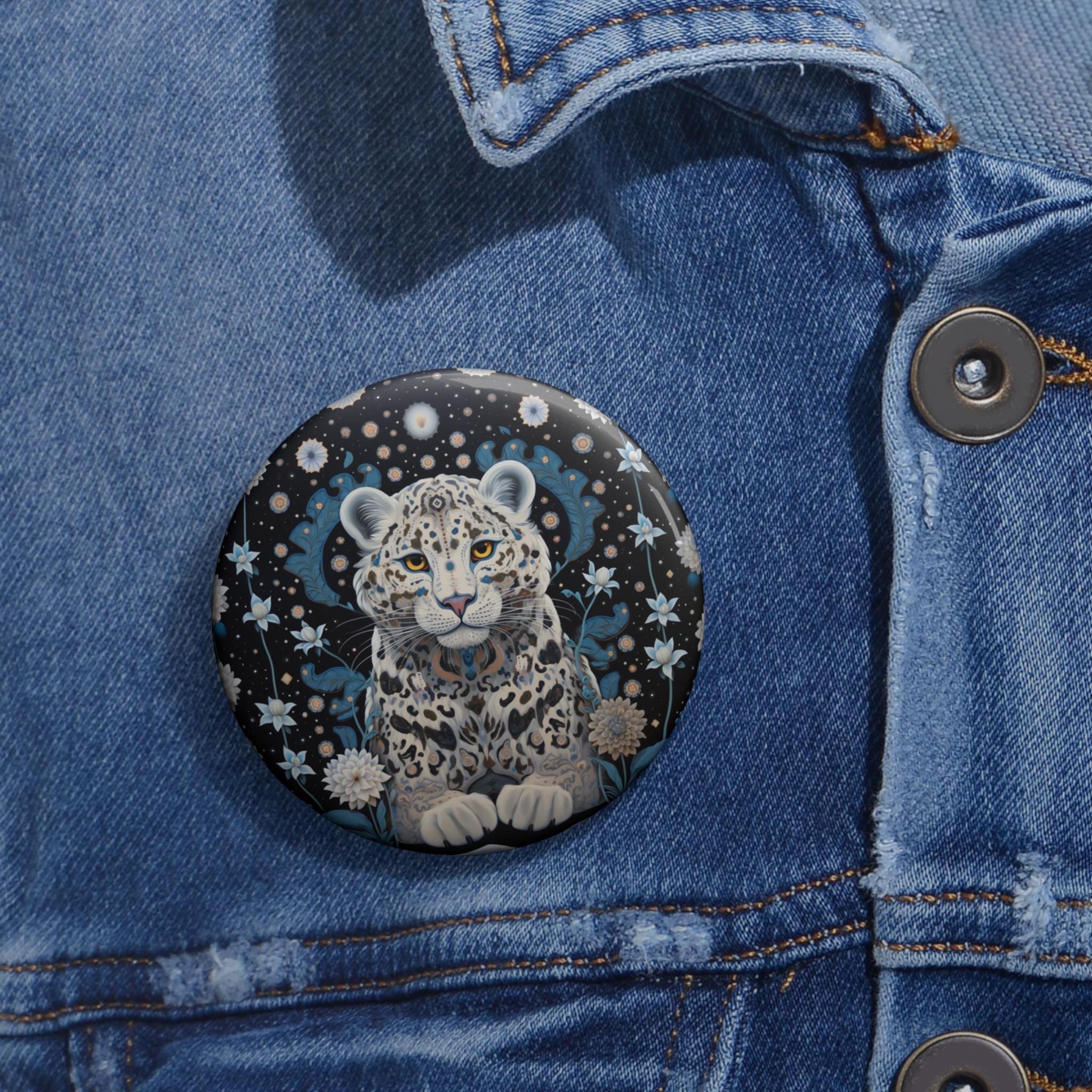 Folk Art Snow Leopard Pin Buttons, Unique Animal Lover Gift, Custom Lapel Pin, Folk Style Brooches, Winter Accessory