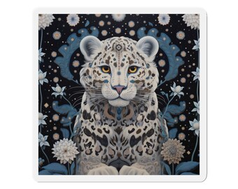 Folk Art Snow Leopard Magnet | Dark Blue | Wildlife Gift | Square Fridge Magnet