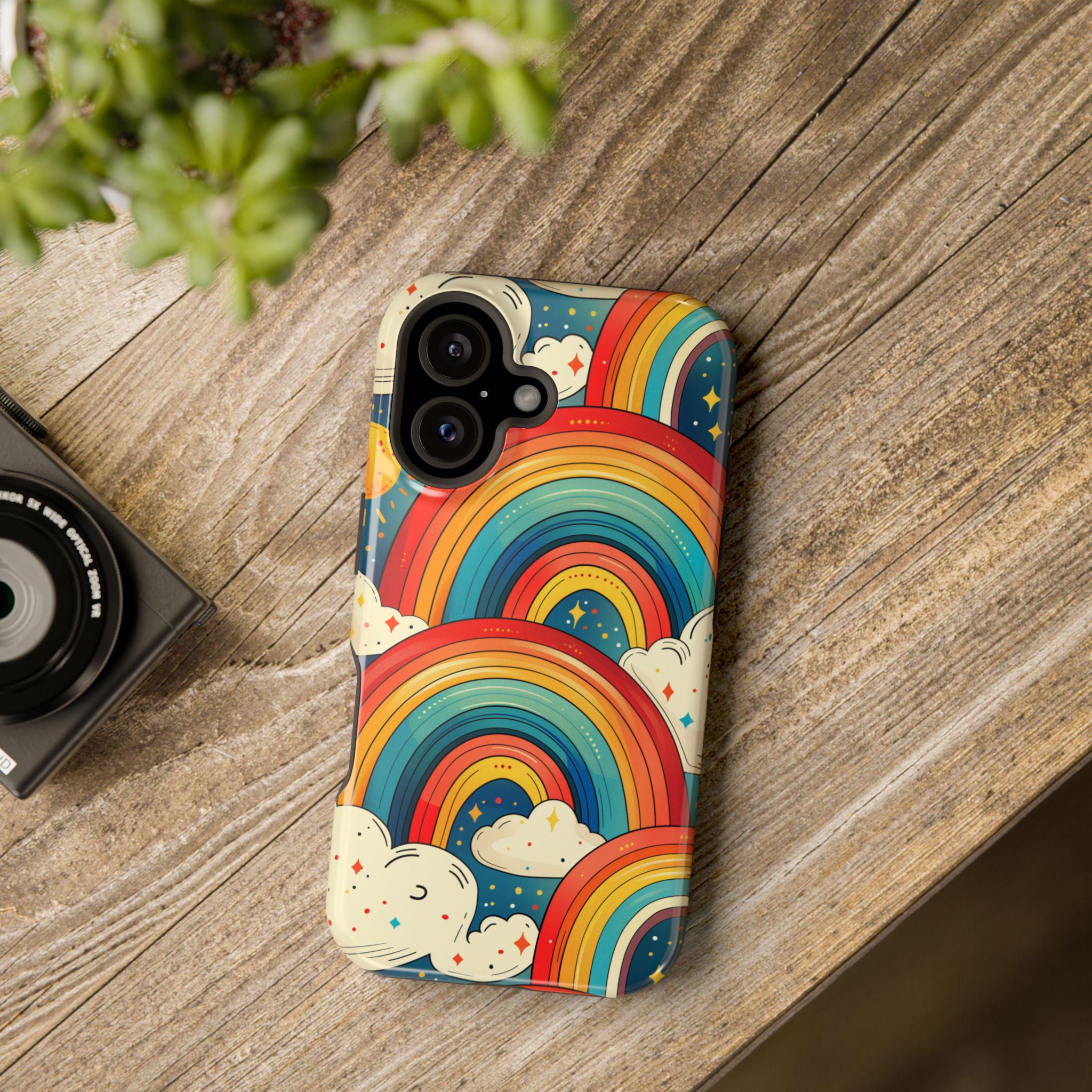 Rainbow and Stars iPhone 16 Case, Colorful MagSafe Tough Cases, Fits Models 13, 14, 15, 16, Unique Phone Accessories, Cute Gift for Teens