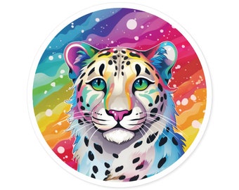 Rainbow Snow Leopard Sticker | Round Vinyl | Animal Lover Gift | Big Cat | Water Bottle Laptop
