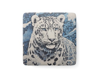 Snow Leopard Magnet / Square Porcelain Fridge Magnet / Gifts for Animal Lovers / Big Cats / Block Print Art