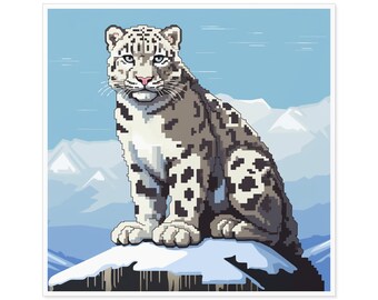 Snow Leopard Sticker / Pixel Art Square Vinyl Indoor Outdoor / Gift for Animal Lover / Water Bottle Laptop Skateboard