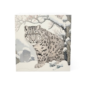 May include: A white snow leopard with black spots sits in a snowy forest. The leopard is looking directly at the viewer. The background is a snowy forest with bare trees and snow-covered ground.