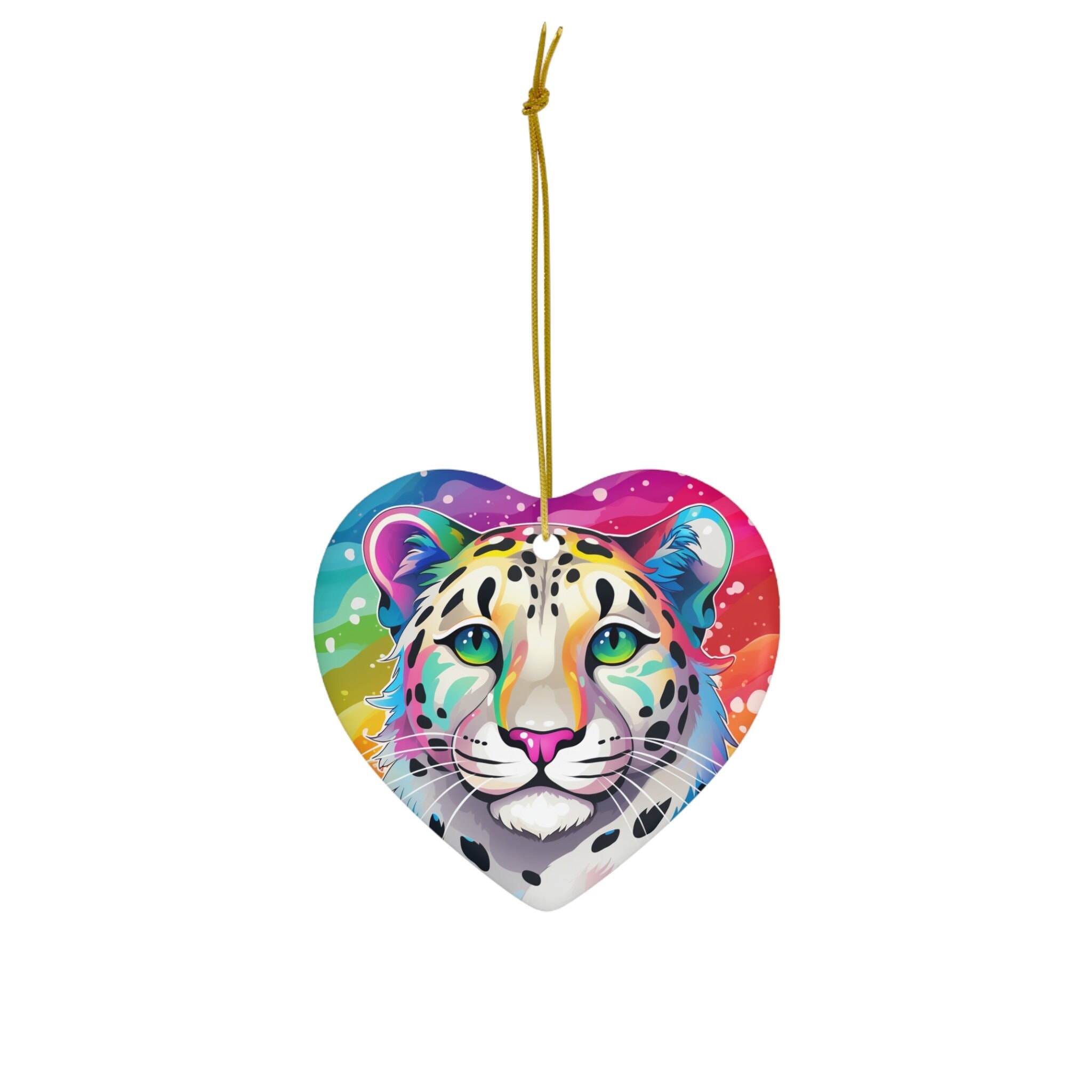 Rainbow Snow Leopard Ornament Ceramic Heart