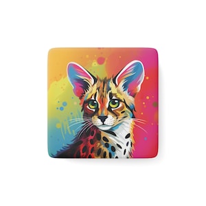 Porcelain Magnet, Square - Colorful Serval Cat Rainbow Fridge Magnet, Wildlife Animal Kitchen Decor, Cute Gift for Animal Lovers, Unique